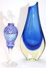 Contemporary Blue Blown Glass Art Vase & Iridescent Perfume Bottle With Hummingbird Stopper