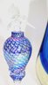 Contemporary Blue Blown Glass Art Vase & Iridescent Perfume Bottle With Hummingbird Stopper