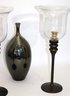 Tall Bronze Finished Hurricane Style Candle Holders & Contemporary Vase With A Glass Like Finish