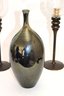 Tall Bronze Finished Hurricane Style Candle Holders & Contemporary Vase With A Glass Like Finish