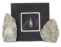 Miniature Head Of Buddha In A Shadow Box Like Box And Engraved Lapis Stones