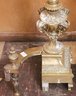 Spectacular Neoclassical Design Brass Andirons With Rams Heads And Flame.