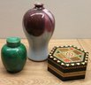 Collection Includes Intricate Handmade Inlaid Trinket Box,  Ginger Jar And 8' Flower Vase