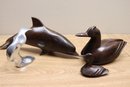 Carved Rosewood Duck & Porpoise With A Small Signed Dove Sculpture