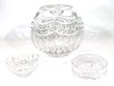 Round Etched Crystal Vase & 2 Small Waterford Crystal Bowls