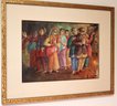 Asian Framed Watercolor Of Blindfolded Women In Marriage Ceremony
