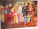 Asian Framed Watercolor Of Blindfolded Women In Marriage Ceremony
