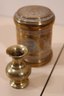Antique Engraved Brass Canister Set From China & Signed Art Glass Paperweight