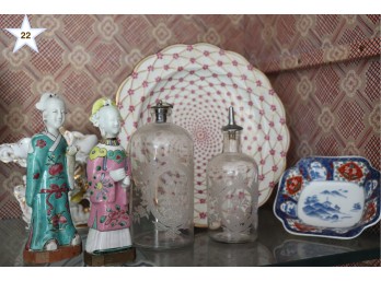 Apothecary Bottles, Figurines, Platter, Bowl And Vase