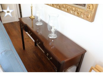 Narrow Wood Console Table With Star Fish Etched Hurricane Lamps