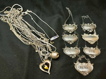 7 Sterling Liquor Bottle Tags.and Assorted Sterling Silver Necklaces