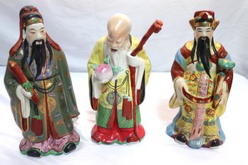 Three Hand Painted Chinese Wise Men Or Scholars With Vibrant Colors.