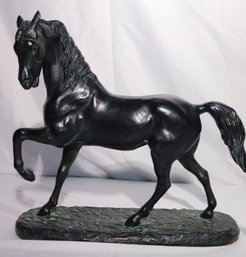 Ethan Allen Black Horse On Base Made Of Composite With Green Highlights.