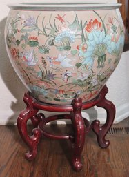 Oversized Hand Painted Fish Bowl/ Planter Decorated With Lily Pads, Lotus Flowers And Koi Fish.