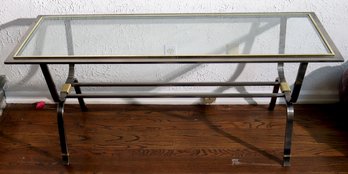 1980s Era Glass Console With Satin Chrome And Brass Finish.