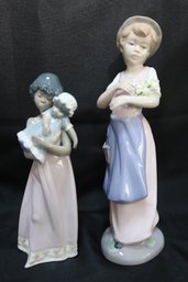Two Porcelain Figurines Of Young Girls With Dolls And Flowers Lladro And Nadal.