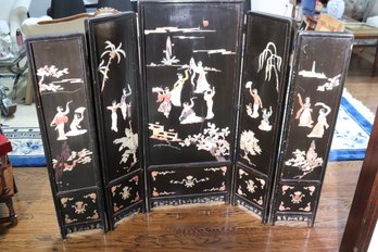 Vintage 5 Panel Asian Wooden Screen With Female Dancers Of Multicolored Stones And Marble.