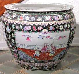 Beautiful Large Chinese Fish Bowl Planter With White Panels On Black Background With Figures, Flowers, And Koi