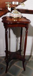 Leather Topped Wood Pedestal Or Plant Stand With Vintage Princess Style Rotary Phone.