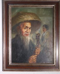 Vintage Oil Painting On Canvas Of Chinese Elder And Child In Background.