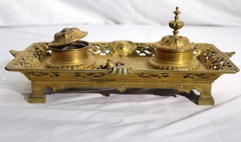 Antique Renaissance Style Bronze Double Inkwell With Pierced Border Decoration.