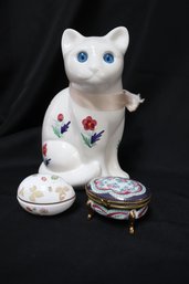 Two Porcelain Trinket Boxes And Ceramic Cat With Glass Eyes.