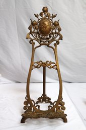 Unique, Art Nouveau Metal Table Easel With Center Medallion Of Young Woman, 27 Tall.