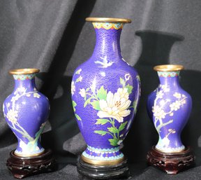 Three Blue Cloisonne Vases With Detailed Flowers In Pink And Green.