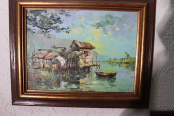 Retro Vietnamese Painting On Canvas Of River Homes And Boat, Signed By Artist.