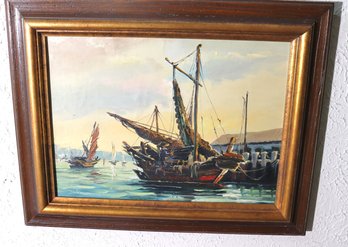 Vintage Oil Painting On Canvas Of Sails At Port