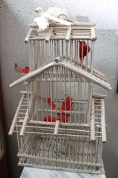 Tall Bamboo Birdcage With Whitewashed Finish And Decorative Love Birds.