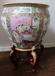Beautiful Large Rose Medallion Chinese Fish Bowl Planter With Hand Painted Figural Scenes.