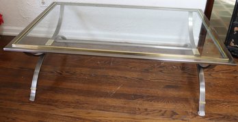 1980s Brushed Chrome And Brass Coffee Table With Glass Top.