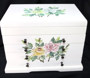 Large White Jewelry Box With Compartment Drawers And Painted Flower Decor.