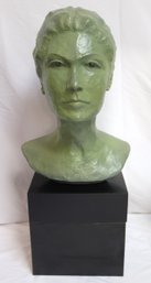 A Vintage Signed Green Plaster Bust Of Woman, Atop A Black Stand.