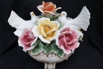A Large Capodimonte Centerpiece, With Lovebirds And Roses
