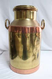 Tall Brass Canister With Handles, Lid And Copper Banding.