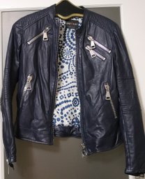 Supple Dark Blue Leather Woman's Moto Jacket With Stylish Zipper.