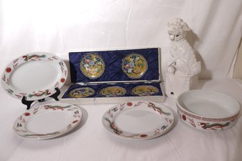 Lot Of Asian Dcor, Including Chinese Yellow Floral Plates In Presentation Box.