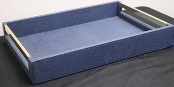 Blue Faux Shagreen Tray With Gold Tone Metal Handles.