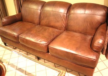 Kravet 3 Seat Leather Sofa With Wrapped Down / Feather Cushions On Turned Wooden Feet & Nail Head Trim