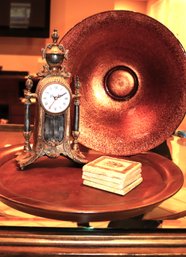 Large Bronze Color Glass Bowl On Wood Under Plate, Ceramic Trivets & Quartz Clock