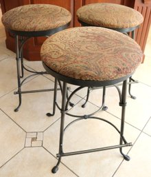 Set Of 3 Charleston Forge Style Wrought Iron Swivel Counter Stools With Footrest And Custom Fabric (0032-0035)