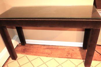 Vintage Brown Velvet Console With Brass Nail Heads & Protective Glass