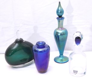 Vintage Signed Perfume Bottles And Blue Mini- Iridescent Vase.