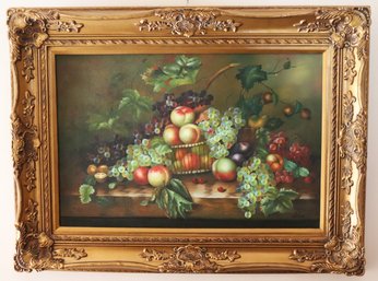 Naturalistic Still Life Painting With Bountiful Grapes In Large Baroque Style Gold Frame Signed Helen