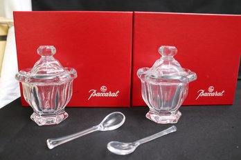 Two Baccarat Crystal Harcourt Missouri Condiment Jars With Spoons In Original Boxes.