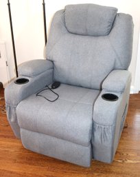 Relax In This Cozy Comfortable Fully Functional Denim Blue Electric Recliner, Footrest, Cup Holders