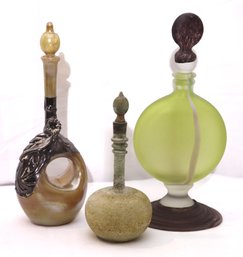 Three Vintage Roman Glass Inspired Perfume Bottles With Stoppers And Silver Overlay