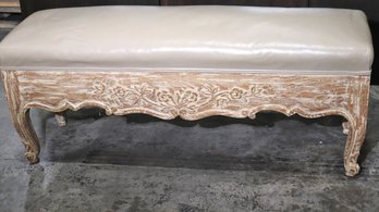 Vintage Country French Style Carved Wood Bench With A Leather Cushion